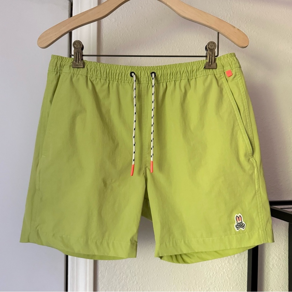 PSYCHO BUNNY green elastic pull on waist drawstring swim shorts trunks